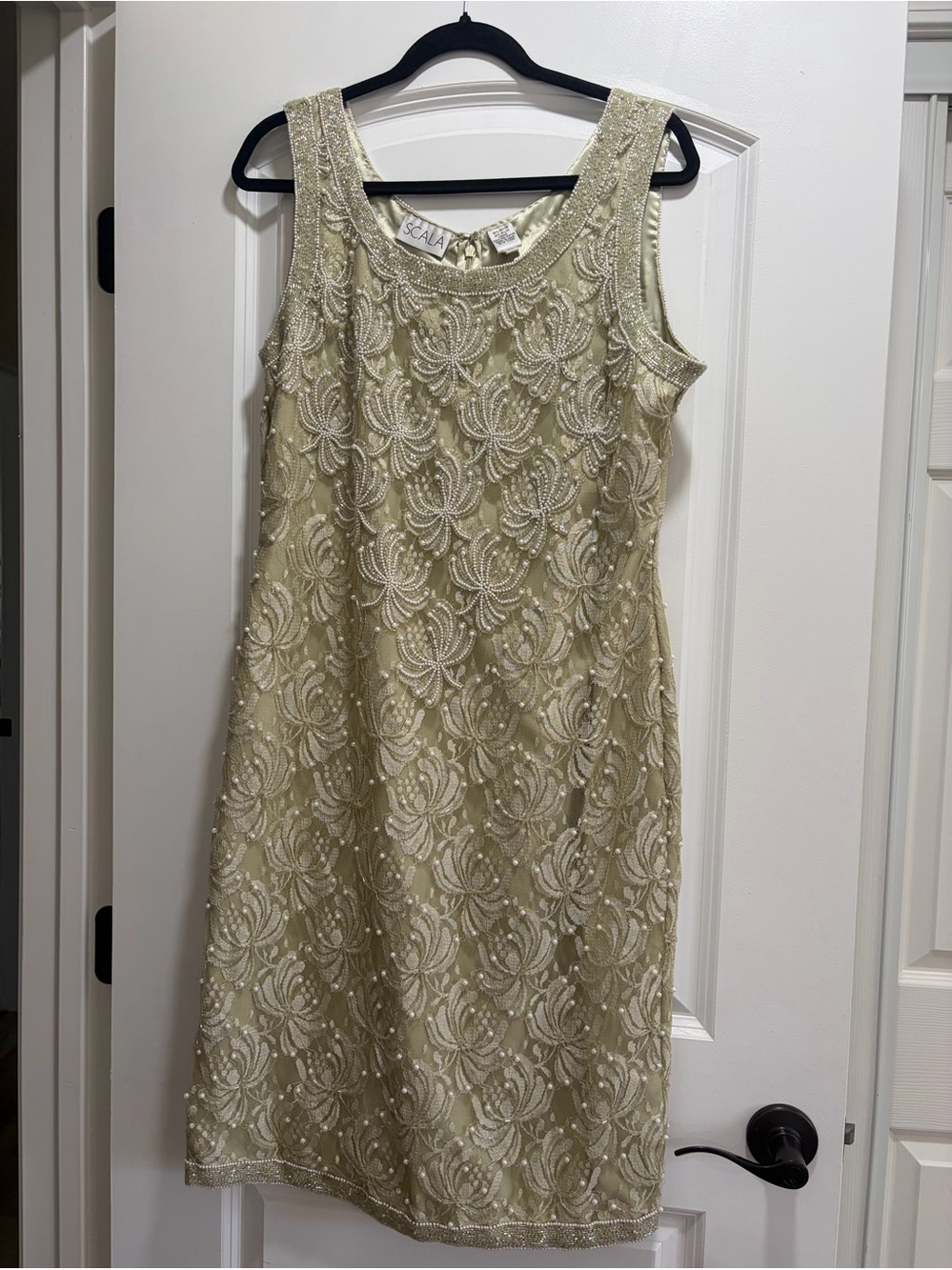 VTG Scala Beaded Pearl Lace Cocktail Dress XL Green Sage Art Deco Wedding Prom